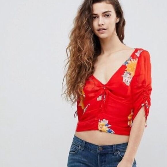 EUC Free People Love to Love Red Floral Blouse Extra Small - Picture 1 of 7